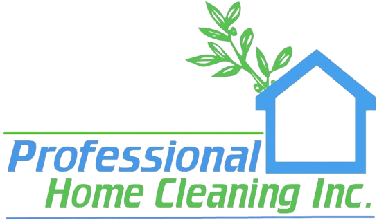 Logo of 'Professional Home Cleaning Inc.' featuring stylized blue house outline with a green leafy branch above it, and the company name in large green and blue letters, with a transparent background.